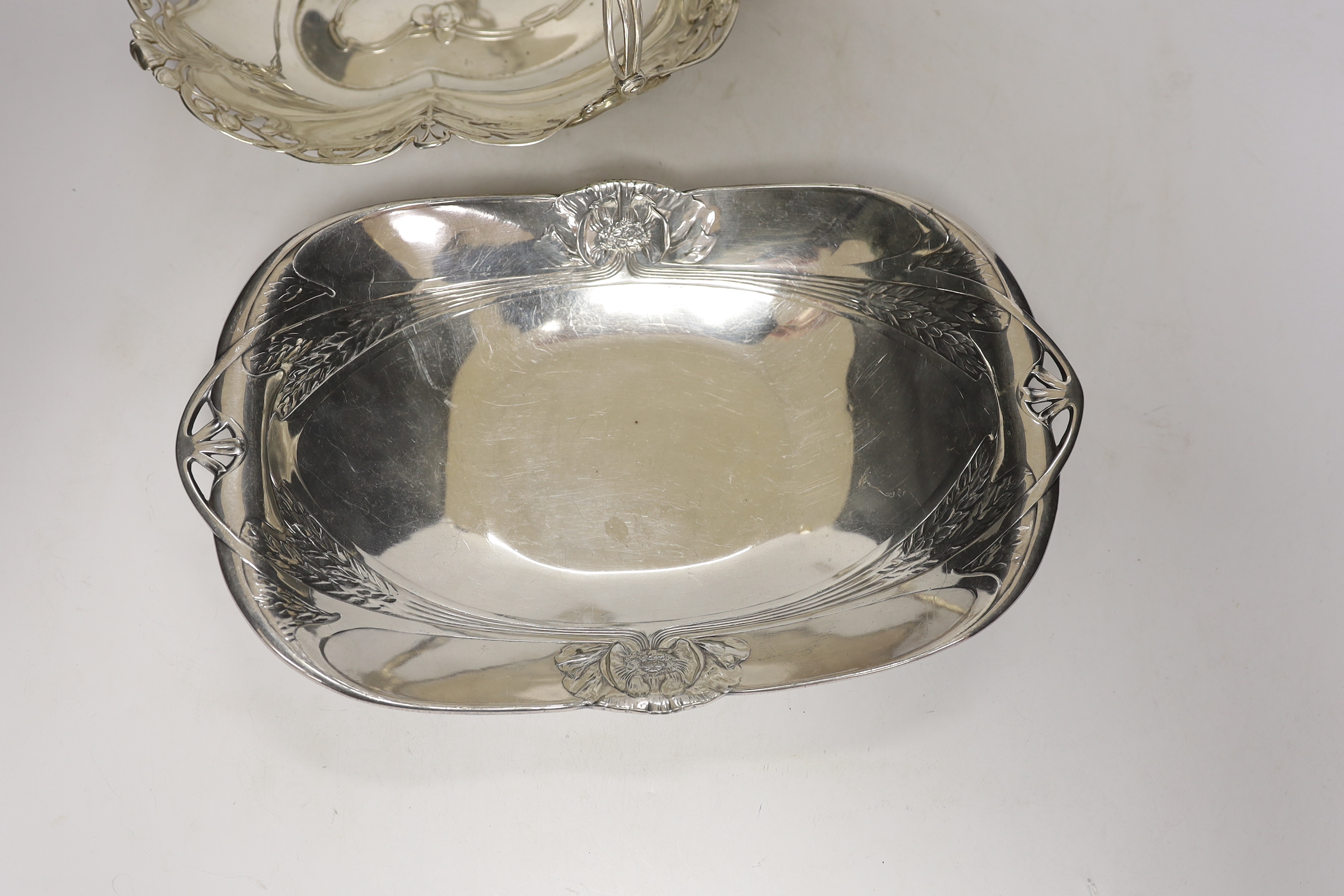 A WMF Art Nouveau dish with swing handle and a Gallia Christofle silver plated dish, 33cm wide